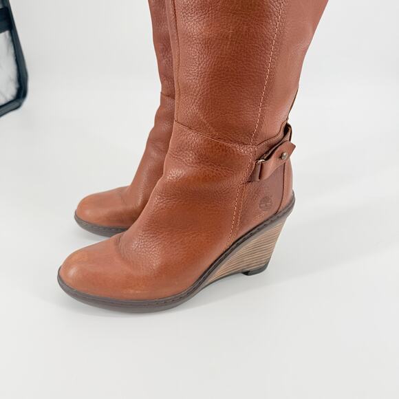 Timberland Stratham Heights Womens Brown Leather Wedge Tall Knee Boots 9 Lined - Picture 3 of 16